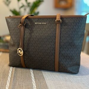 Michael Kors Large Jet Set Tote Brown MK Logo Shoulder Bag